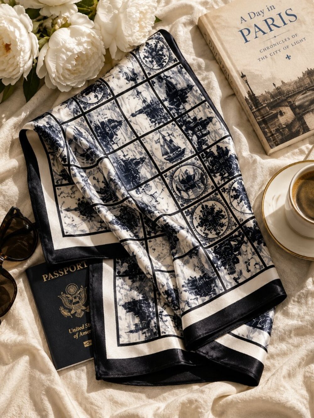 Robin Ruth Delft Tile Print Satin Scarf Black Cream European Travel Wrap